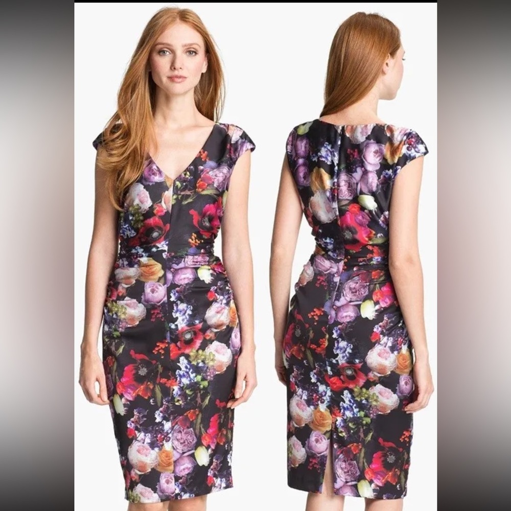 🎉 Ivy and Blue V Neck Sheath Dress Black and Floral Print Fully Lined Size 6